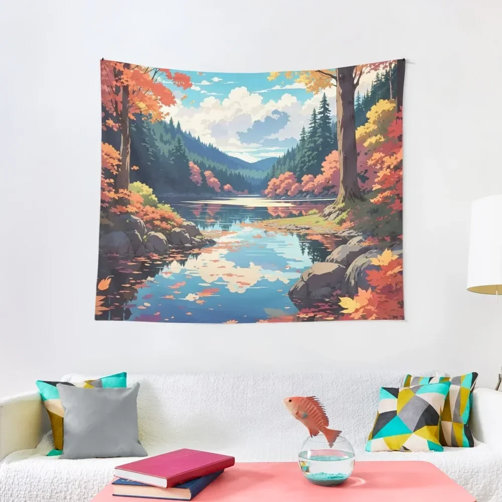 Fallen Leaves and Calm Waters: A Tranquil Lake Scene Tapestry Wall Decor Hanging Decor For Room Tapestry