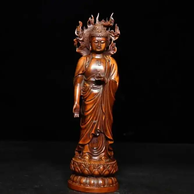 

8"Tibetan Temple Collection Old Boxwood Shakyamuni Amitabha Standing Buddha Enshrine the Buddha Worship Hall Town house