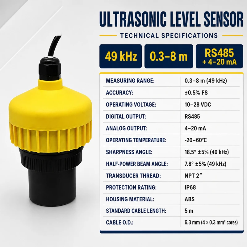 IP68 RS485 ultrasonic water level sensor with built-in Bluetooth, measuring range of 8 m, for reservoir water level monitoring