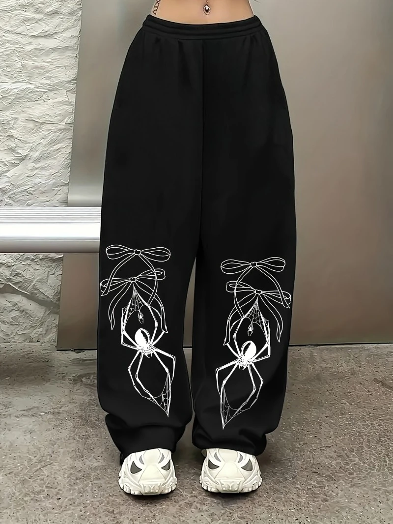 

[Polyester Spider Web Joggers] Black Polyester Women's Casual Spider Web Print Joggers | Straight-Leg Pants with Elastic