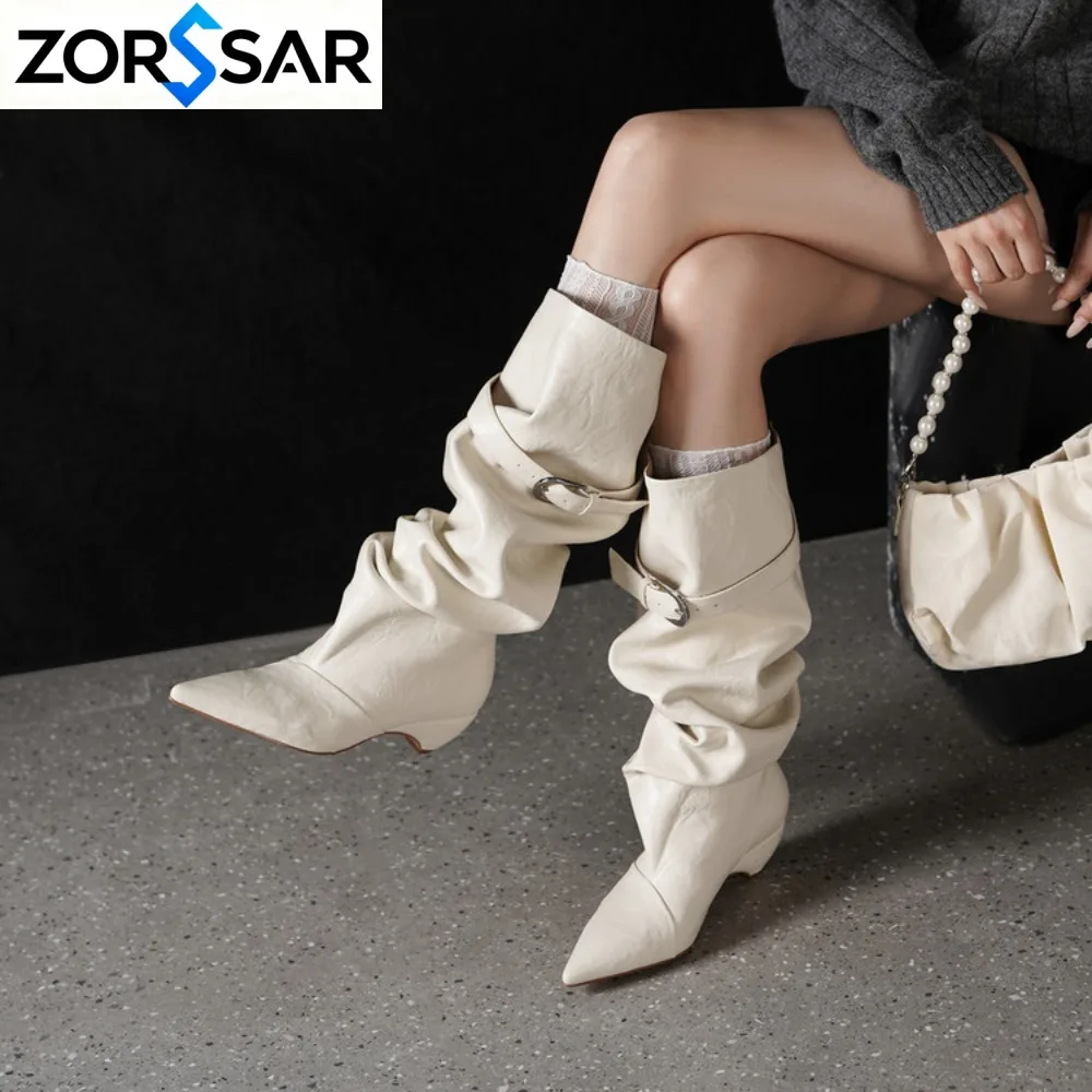 2026 Retro Style Pleated Belt Buckle Women Knee-High Boots Autumn Winter Fashion Pointed Toe Square Low Heels Boots Botas Mujer