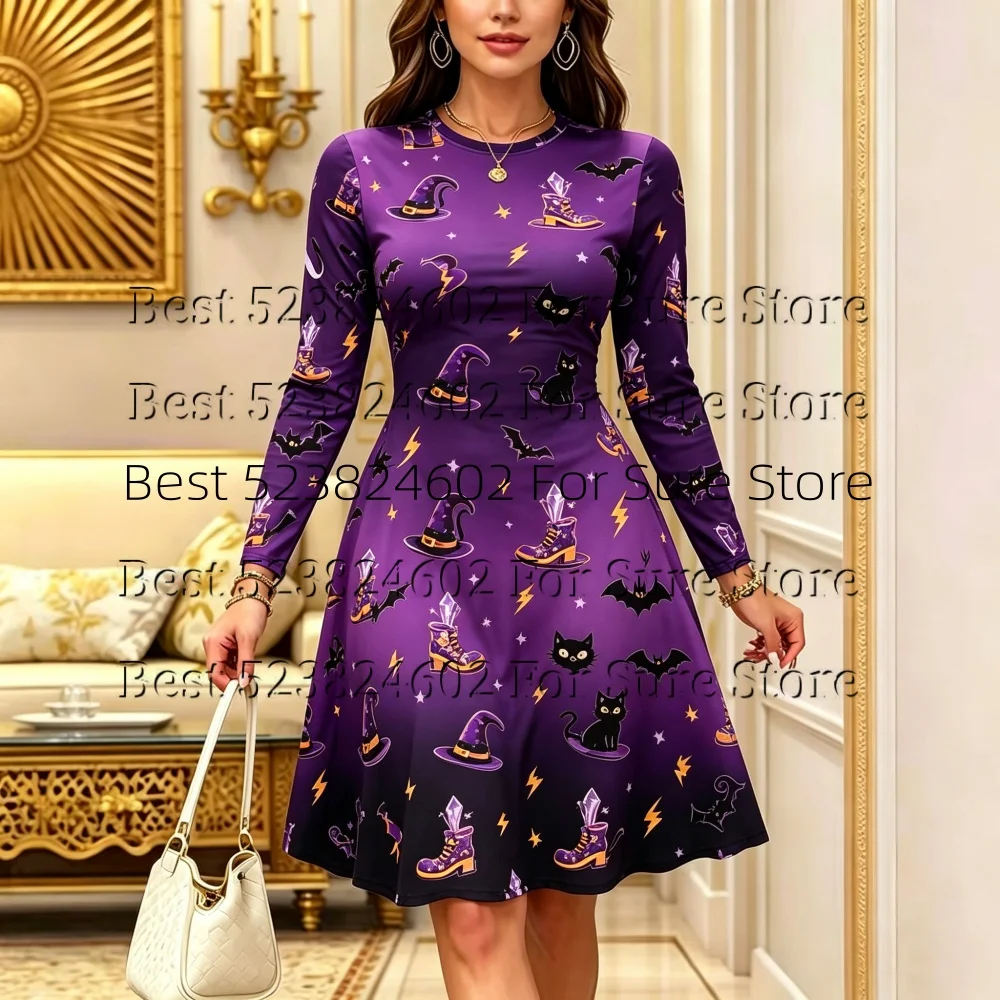 Damen-Halloween-Midikleid mit Print, O-Ausschnitt, lange Ärmel, A-Linien-Swing-Kleid, Kürbis-Hexen-Schloss-Muster, lässiges Party- und Urlaubskleid – Detail 6