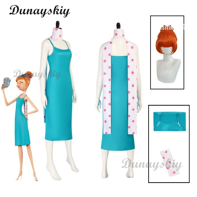 

Lucy Wilde Blue Dress Cosplay Costum Trench Wig Gru Wife Dress-Up Women Funny Holiday Outfit Halloween Party Roleplay Suit