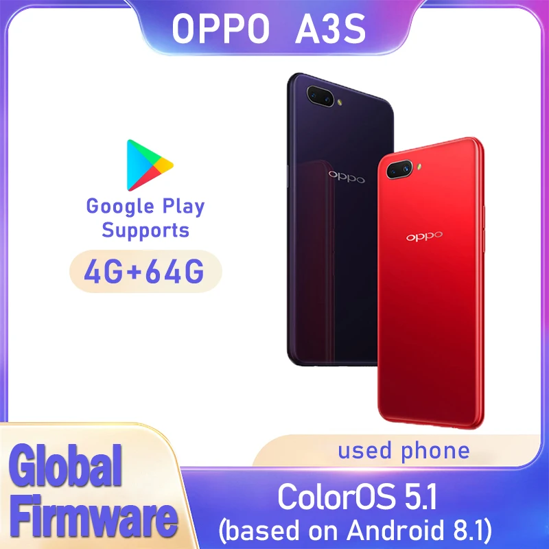 OPPO A3S smartphone Global Firmware ColorOS 5.1（Android 8.1) 6.2-inch CPU Snapdragon 450 4230mAh camera 13MP used phone