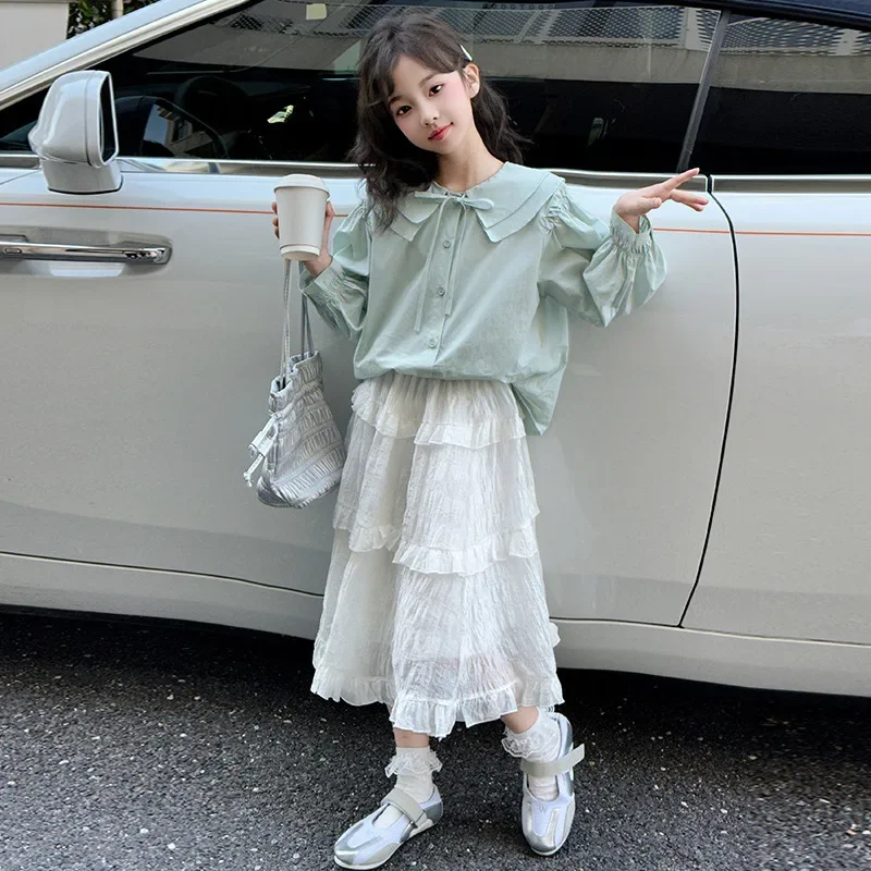 Girls' Set Spring and Autumn 2025 New Style Girls' Sweet Doll Collar Shirt Cake Skirt Trendy Cool Princess Two-piece