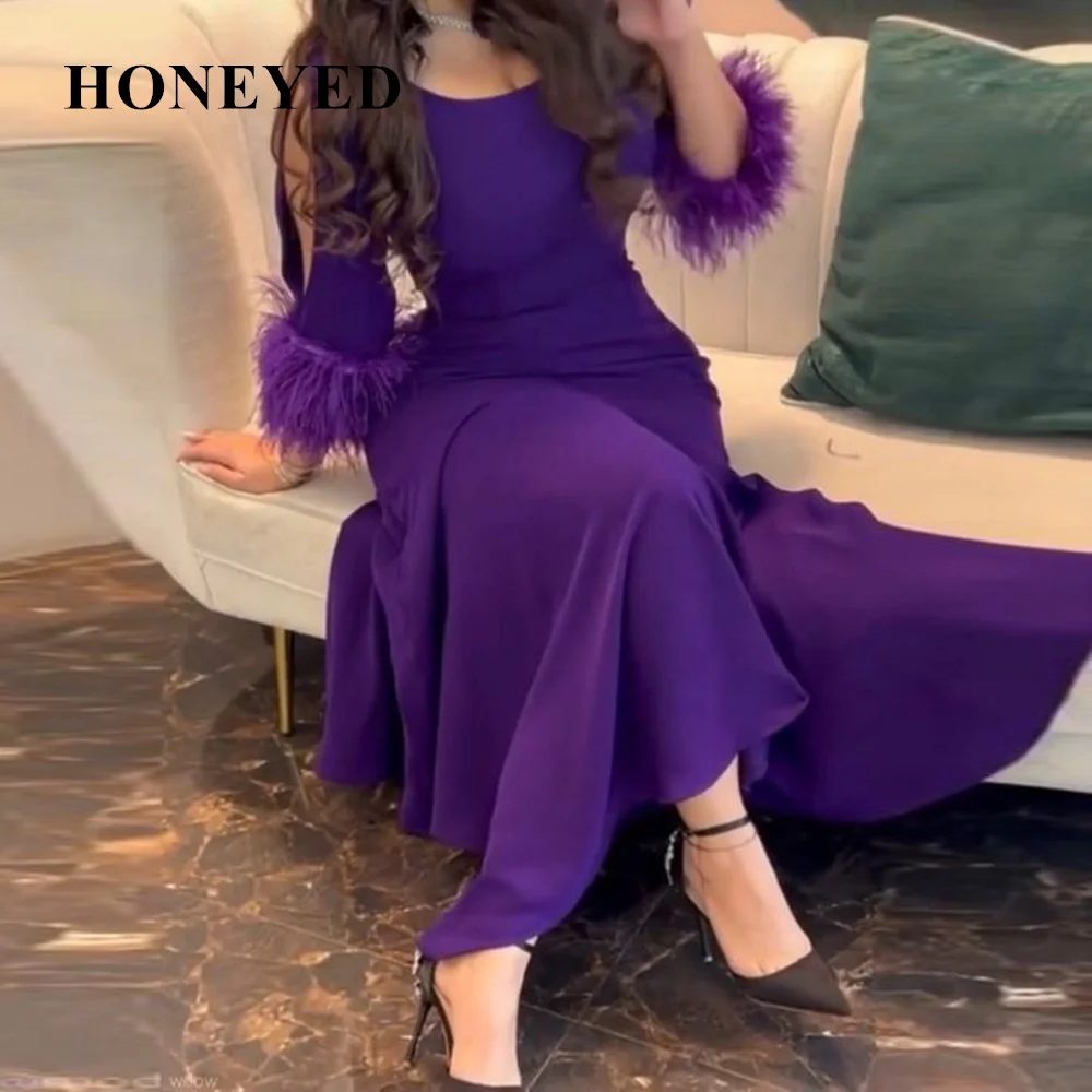 HONEYED 2023 Vestidos Para Blue Faether Wear Long Sleeves Prom Dresses O-Neck Ruched A Line Special Party Formal Evening Gowns