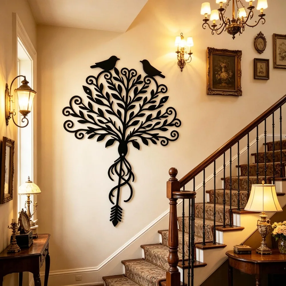 Tree of Life Metal Wall Art, 2D Flat Laser Cut Bird & Arrow Root Silhouette Wall Sculpture, Boho Farmhouse Style