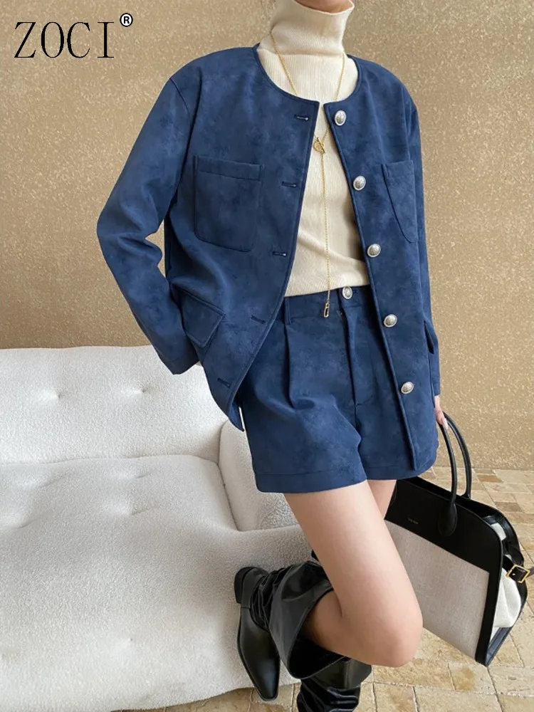 

ZOCI Women's Dress Suit Vintage Suede Crewneck Jacket A-line Shorts Two-piece Three-section Pants Office Lady 2025 Spring New