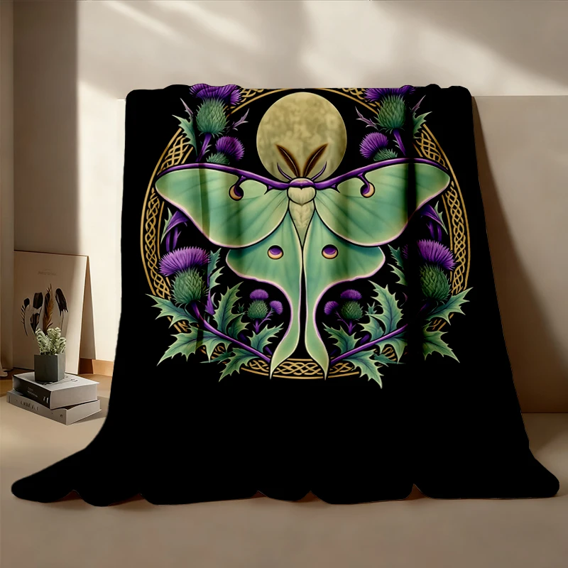 Scottish Thistle Luna Moth Flannel Blanket Travelers Scotland Heritage Botanical Flannel Throw Celestial Moon Nature