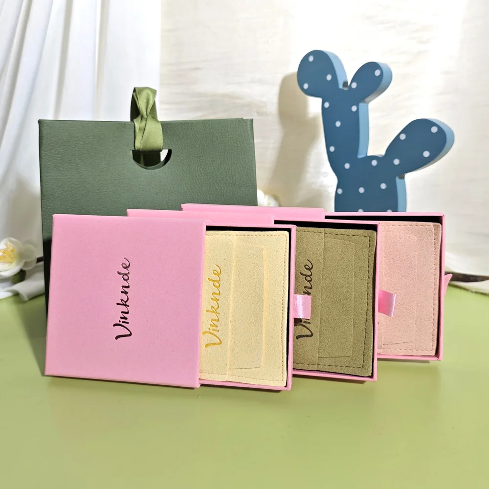 

Luxury Sliding 7x7x1.7cm Boxes Custom Logo Drawer Packaging Jewelry Box Earrings Ring Organizer Microfiber Pouches Gift Dust Bag