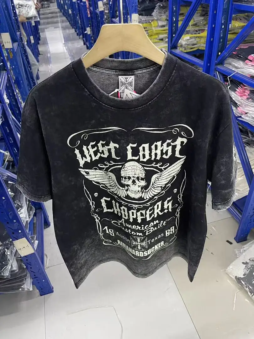 Oversized Washed Black Wing Skull Print T Shirt Men Biker Streetwear Vintage Texas Letter Sleeve Cross Cotton Short Sleeve Tees