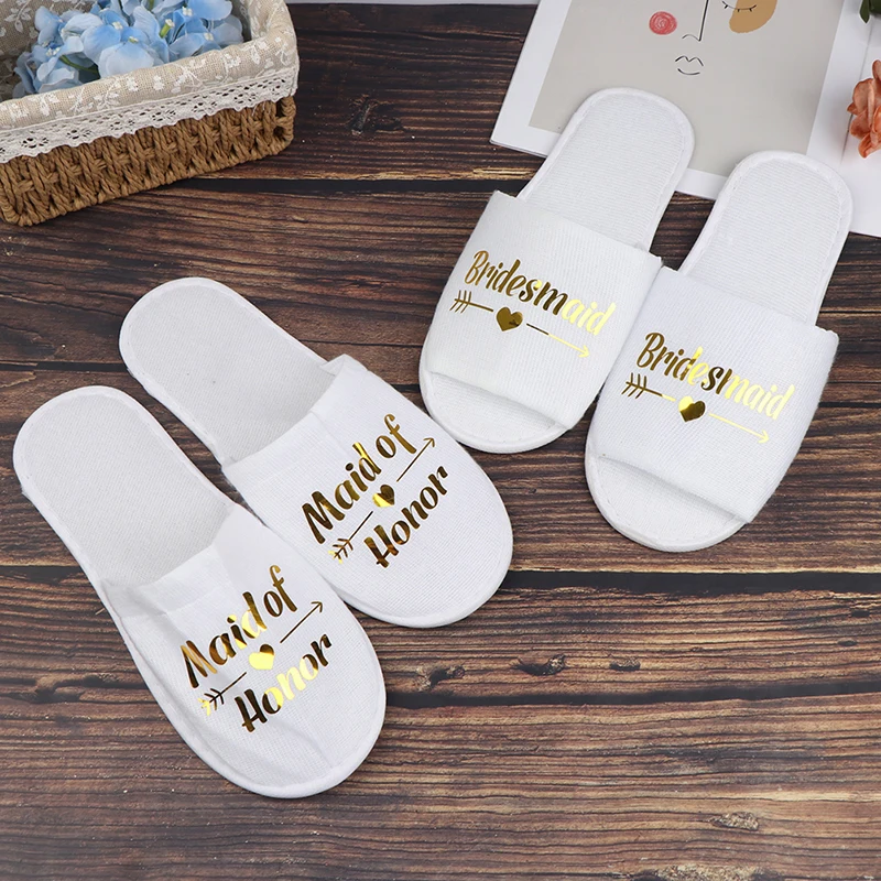 1 Pair Party Slippers Hotel Room Disposables Bride English Letters Glossy Font Shoes Bride Wedding Supplies