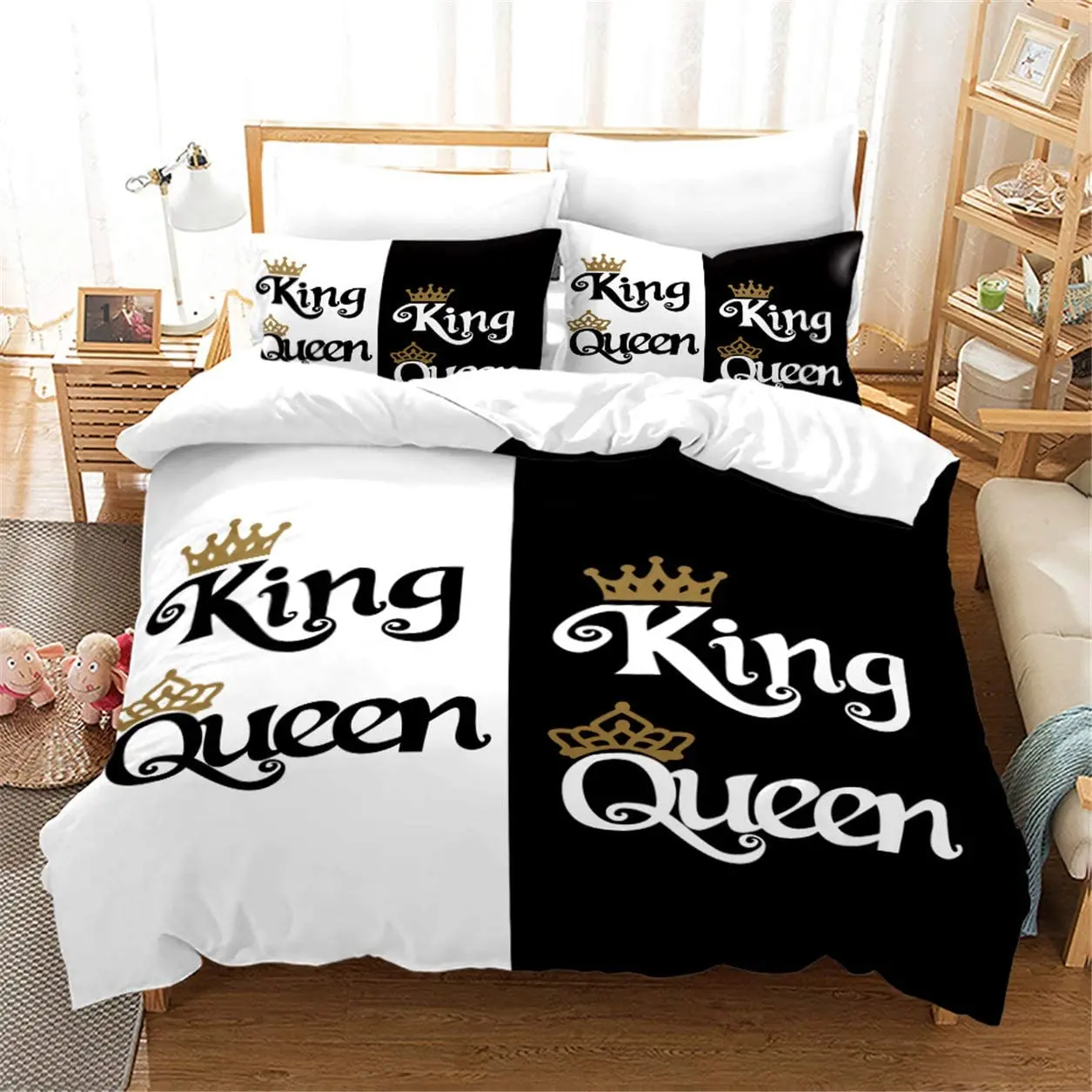 

Black and White Duvet Cover Set King and Queen Bedding Set for Couple Romantic Valentine's Day Presents Polyester Duvet Cover