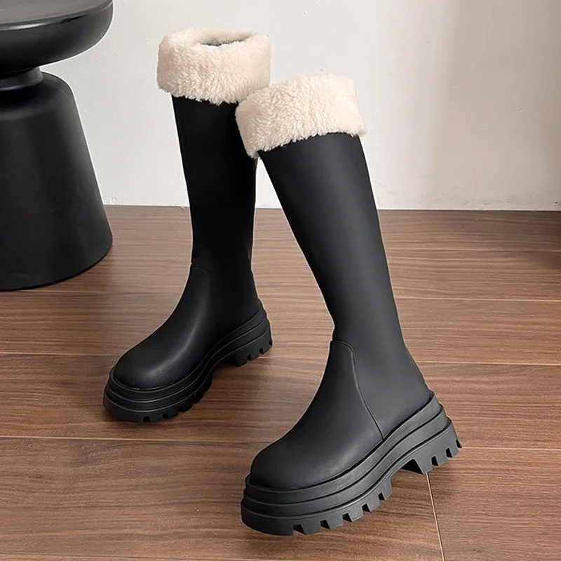 

Sweet Knot Woman's Boots 2025 New Korean Style Fashion Black High Boots Plush Thickened Winter Ladies Knee-High Boots Fur Flats