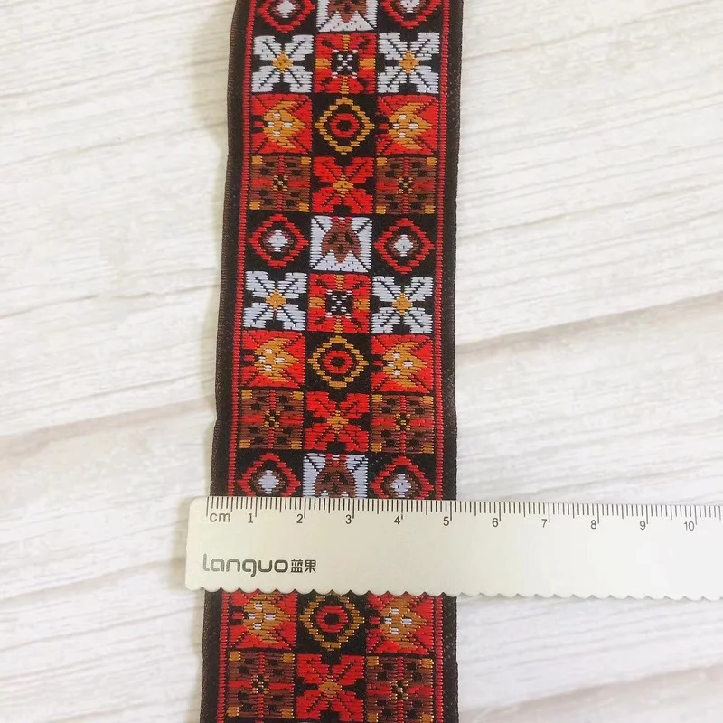 10 metri/lotti Tessuto Jacquard Nastro 5 cm sfondo nero rosso disegno geometrico LS-6707