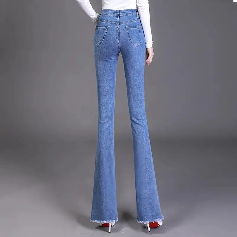 Jeans a zampa da donna di moda coreana primavera autunno New Streetwear nappa a vita alta Skinny Office Lady pantaloni Casual dritti in Denim