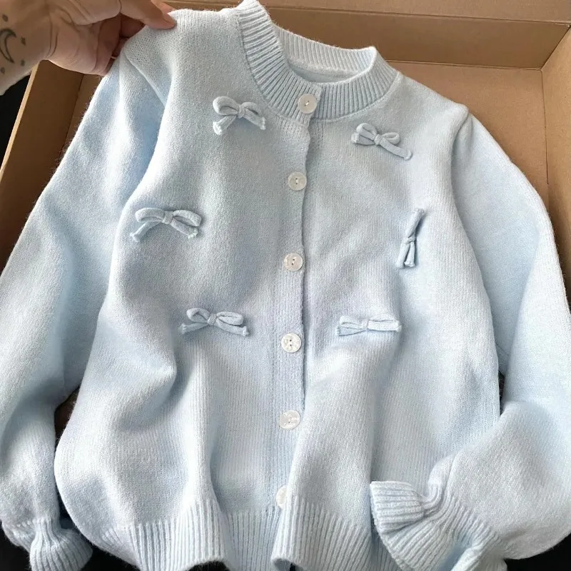 

Korean Three-dimensional Bow Round Neck Sweater for Women in Autumn New Style College Style Versatile Sweater Cardigan Jacket