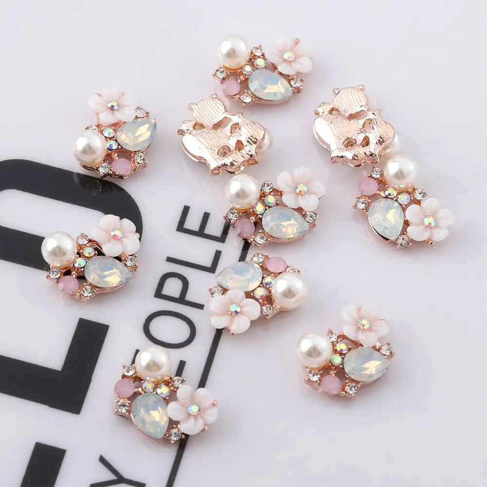 10Pcs Flower Pearl Buttons Rhinestone Buttons Flatback Plating Pearl Hairpin Decoration DIY Craft Apparel Sewing Accessories