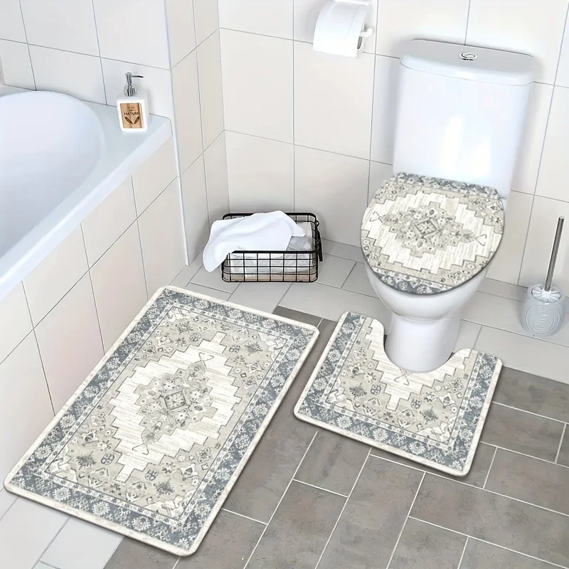 1Set Bathroom Rug Set, Vintage Design Non-Slip Absorbent Bath , Toilet Contour Mat, And Lid Cover, Soft Bedroom & Living Room