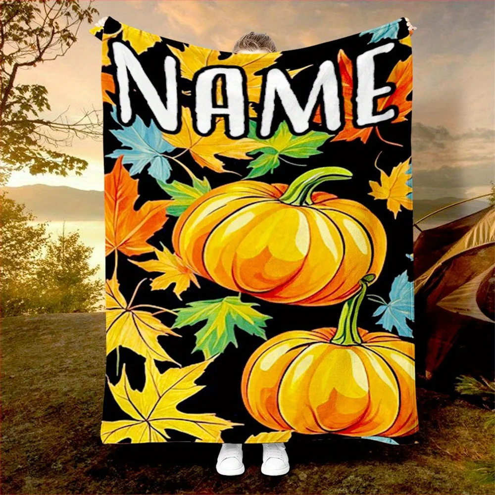 Custom name pumpkin flannel blanket, soft blanket, suitable for sofa, bed, birthday, children, friends, Thanksgiving gift