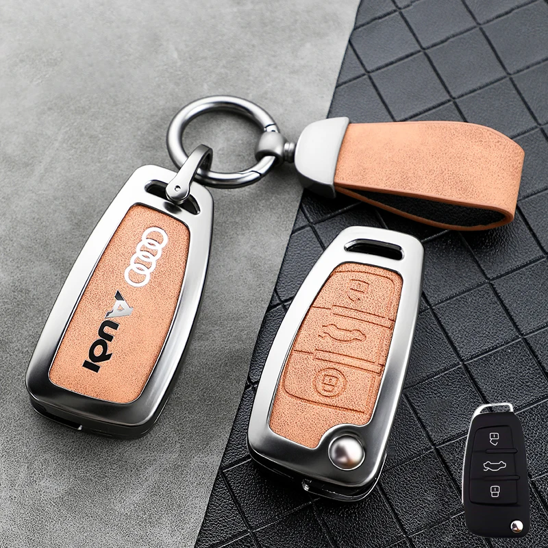 Zinc Alloy Leather Car Remote Key Case Cover For Audi A1 A3 8P A4 A5 A6 C7 A7 S3 S7 S8 R8 Q2 Q3 Q5 Q7 Q8 SQ5 TT RS3 RS6 Keychain 