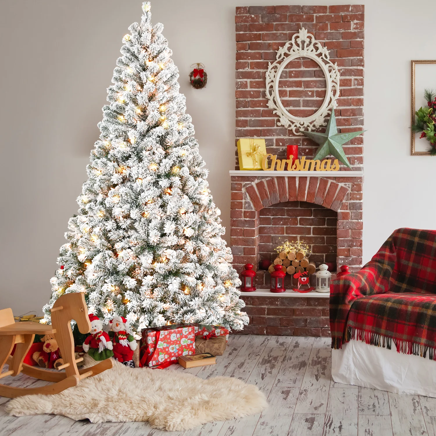

Makeatree 4FT Pre-Lit Snow Flocked Christmas Tree, Hinged Artificial Xmas Tree with 100 Warm White Lights, Metal Base