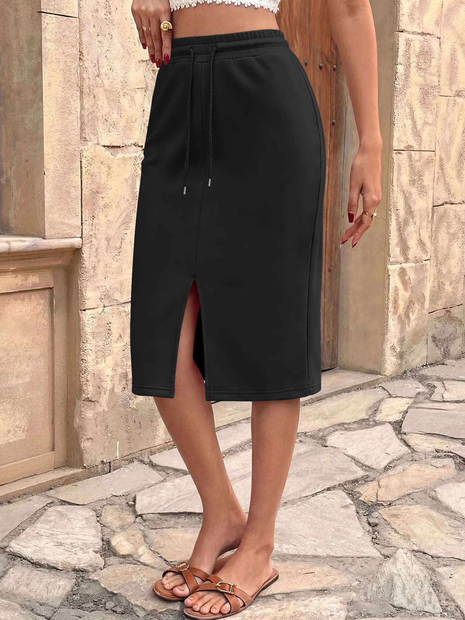 Preppy Campus Midi Skirt, Soft Jersey Fabric, College Casual & Vintage Streetwear