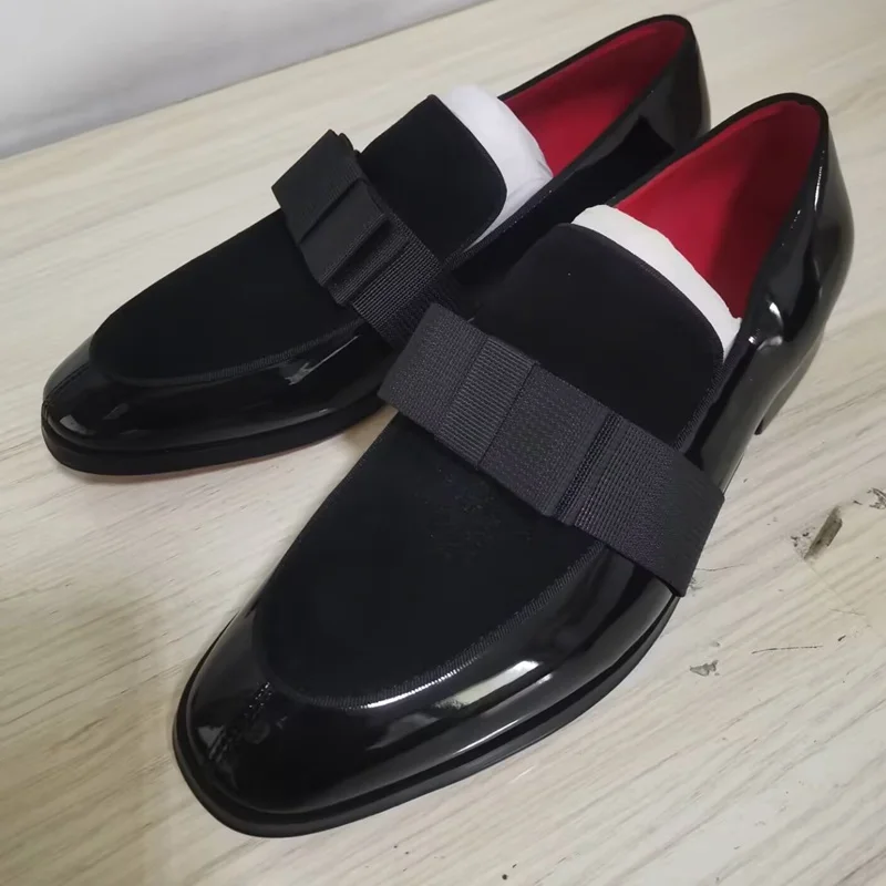 Italy Style Black Men Patent Leather Shoes Fashion Bowtie Loafers Men's Flats Dress Shoes Handmade Party And Wedding Shoes