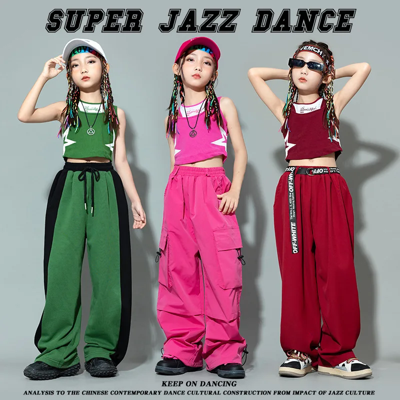 

Girls Hip Hop Jazz Summer Clothes Sets Sleeveless Crop Top + Solid Cargo Pants Teen Street Dance Costumes Kids Performance Suits