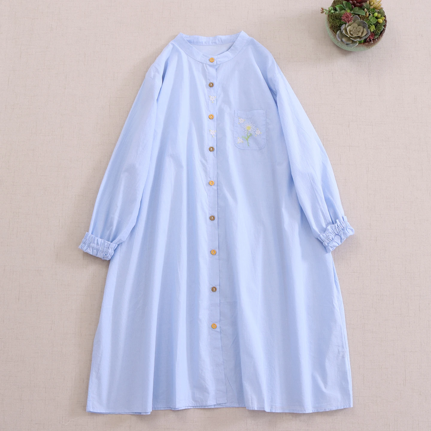 فستان قميص ياباني سويت موري جيرل عتيق مخطط مطرز بالزهور 100% قطن فستان نسائي بياقة واقفة وأكمام طويلة فساتين غير رسمية