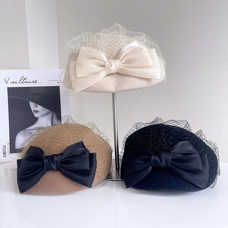 

Новая кашемировая шерстяная шляпа с бантом и вуалью в британском стиле, темпераментная шляпа-волшебница, официальная шляпа для невесты