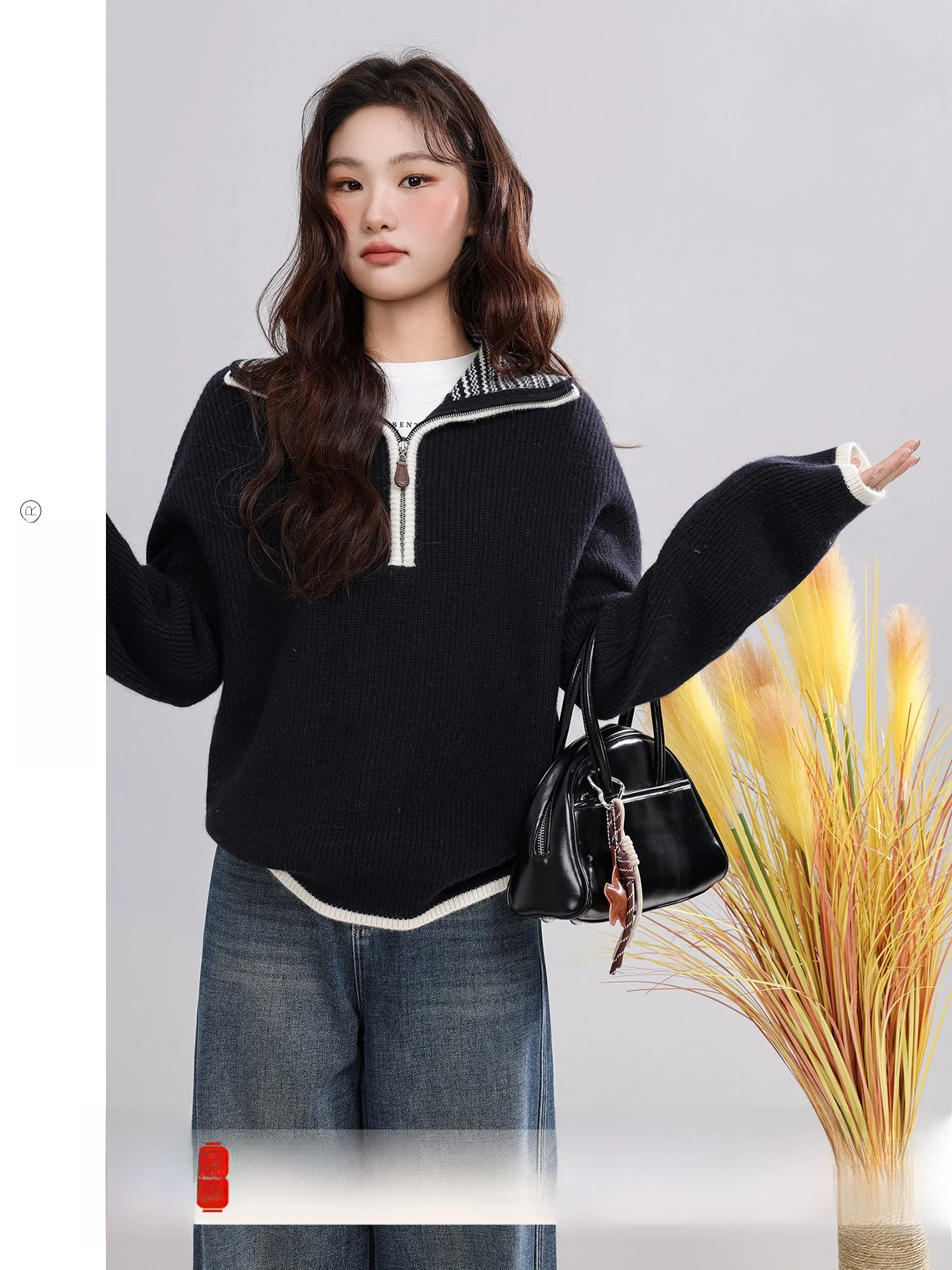

Loose High Collar Sweater Women's Casual Sle Winter New Arrival xiang Glass Frosting Flip Collar Color Blo Knitwear
