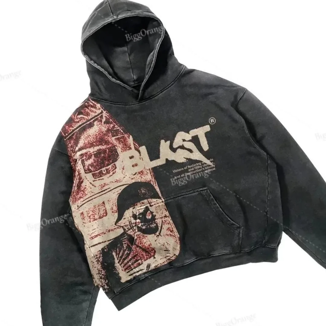 Retro Y2K Hoodie 2026 Coats Streetwear Gothic Casual Alphabet Blast Print Pattern Skull Fashion Hoodie Men Harajuku Men Clothing