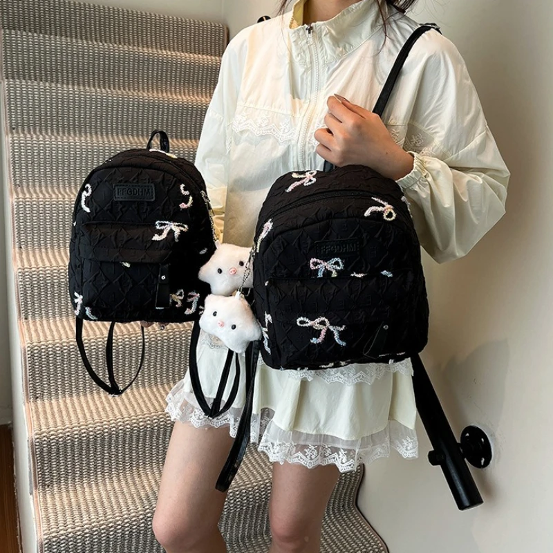 Quilted Mini Backpack with Colorful Bow, Plush Doll Pendant, Front Pocket Adjustable Shoulder Straps,Suitable for Girly Daily