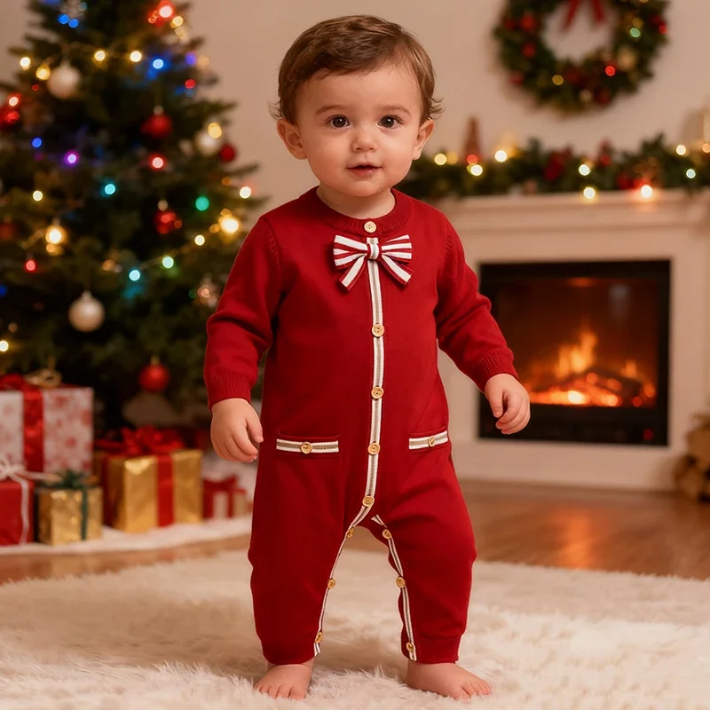 

New Red Knitted Baby Christmas Bow Rompers Newborn Boys Girls Outwear Cotton Winter Long Sleeve Jumpsuits Red Toddler Romper