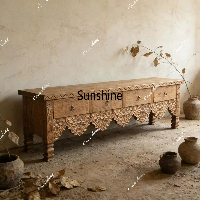 Retro furniture solid wood carving flower audio-visual cabinet living room TV cabinet