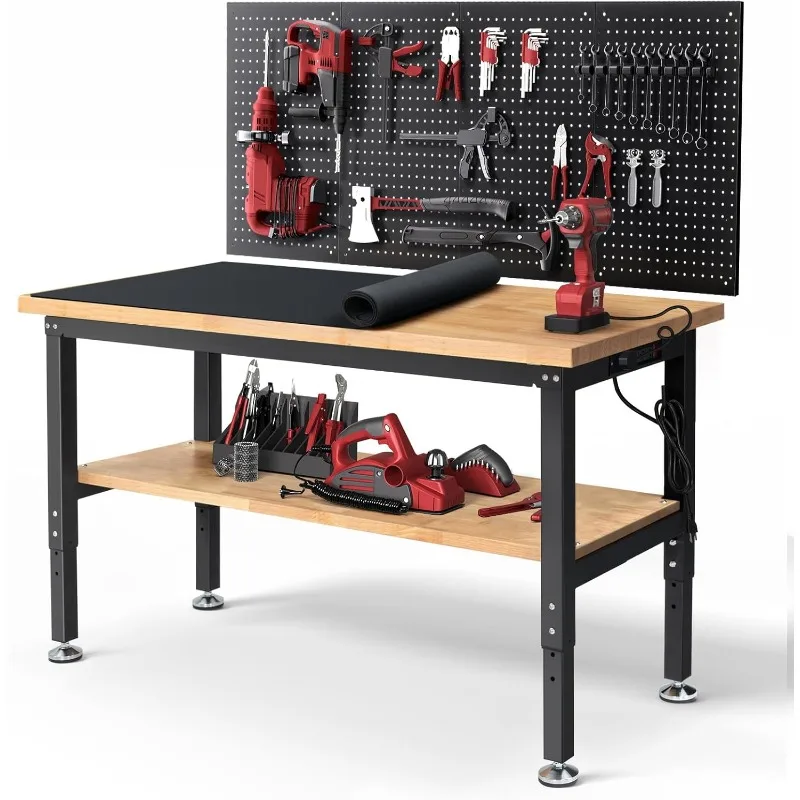 Work Table for Garage 60 Inch Workbench with Storage Adjustable Height Rubber Wood Tabletop Work Bench with Power Outlets