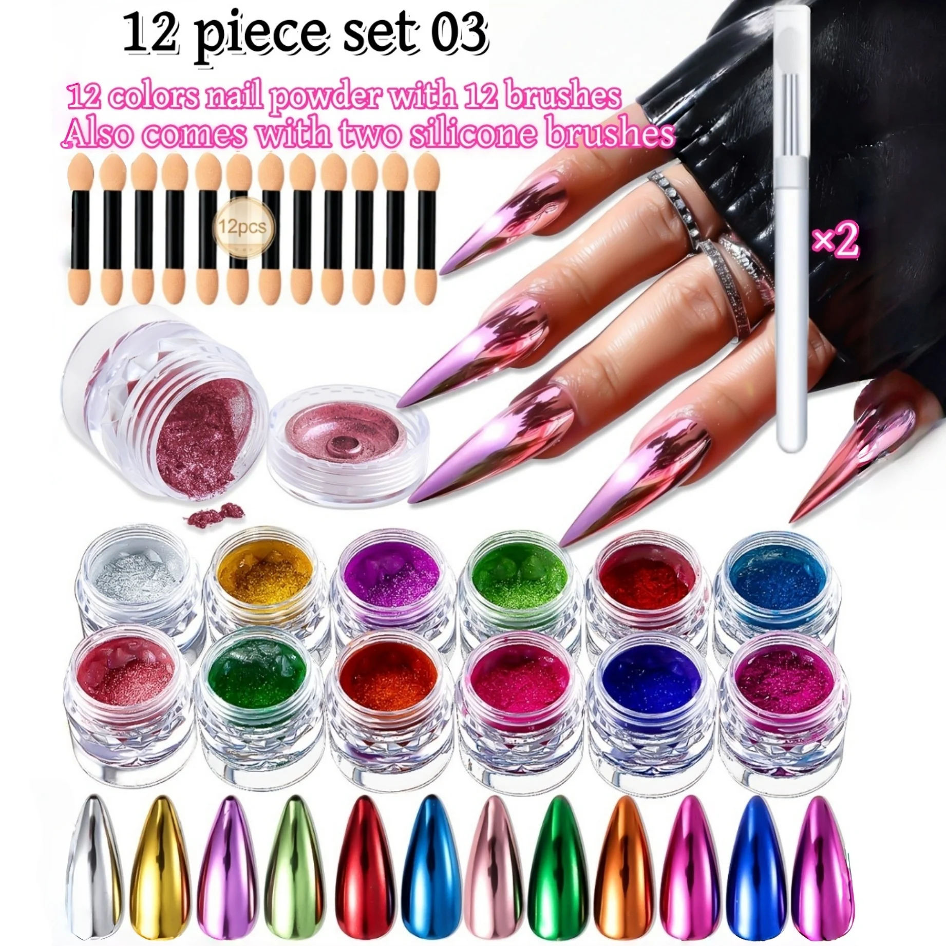 Set de 12 Colores de Polvo de Uñas Cromado, Efecto Espejo Metálico Holográfico, Purpurina, Resina para Arte de Uñas, Manualidades, Manicura, Uso en Casa