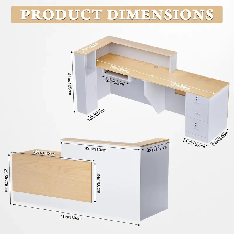 L-Shaped Large Wooden Reception Desk Modern Front Desk Reception Counter with Lockable Drawers Storage Keyboard Tray for
