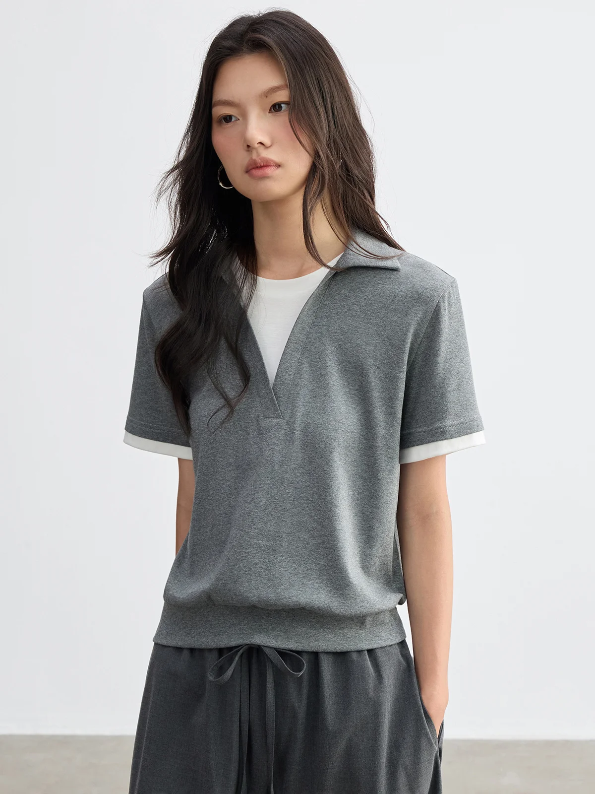 JUSLIN Grey College Style Short Sleeve T-Shirt Flip Collar Color Block Slim Fit Comfortable Elastic Layering Effect Top for W...