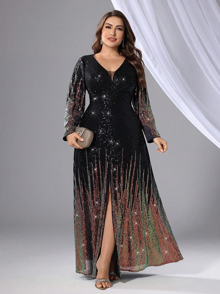 

TOLEEN 2024 New Plus Size Women Formal Evening Gown Party Dress Spring Luxury Elegant Sequin Bead Long Sleeve Prom Maxi Dresses