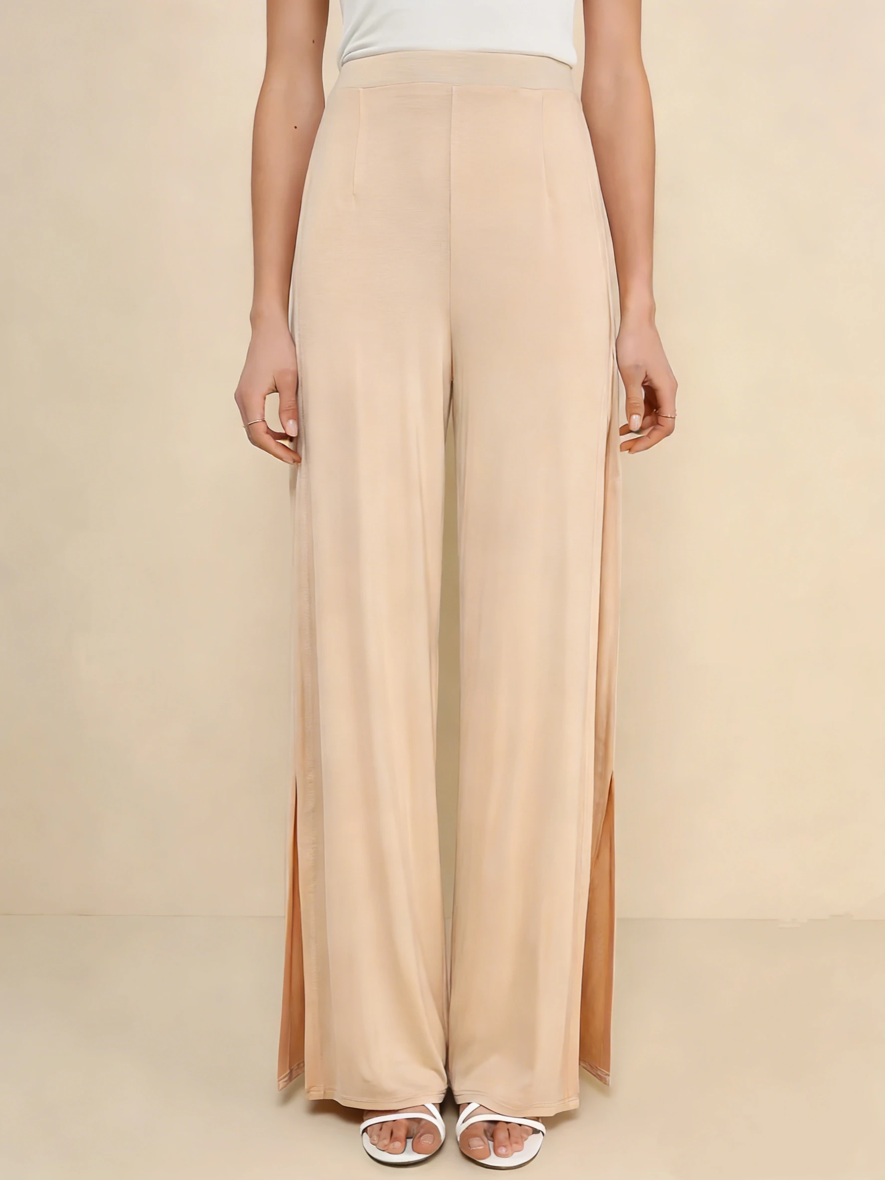 Pantaloni Larghi Beige da Donna 2026 Nuovi a Vita Alta con Spacco Laterale, Fluidi e Casual Lunghi