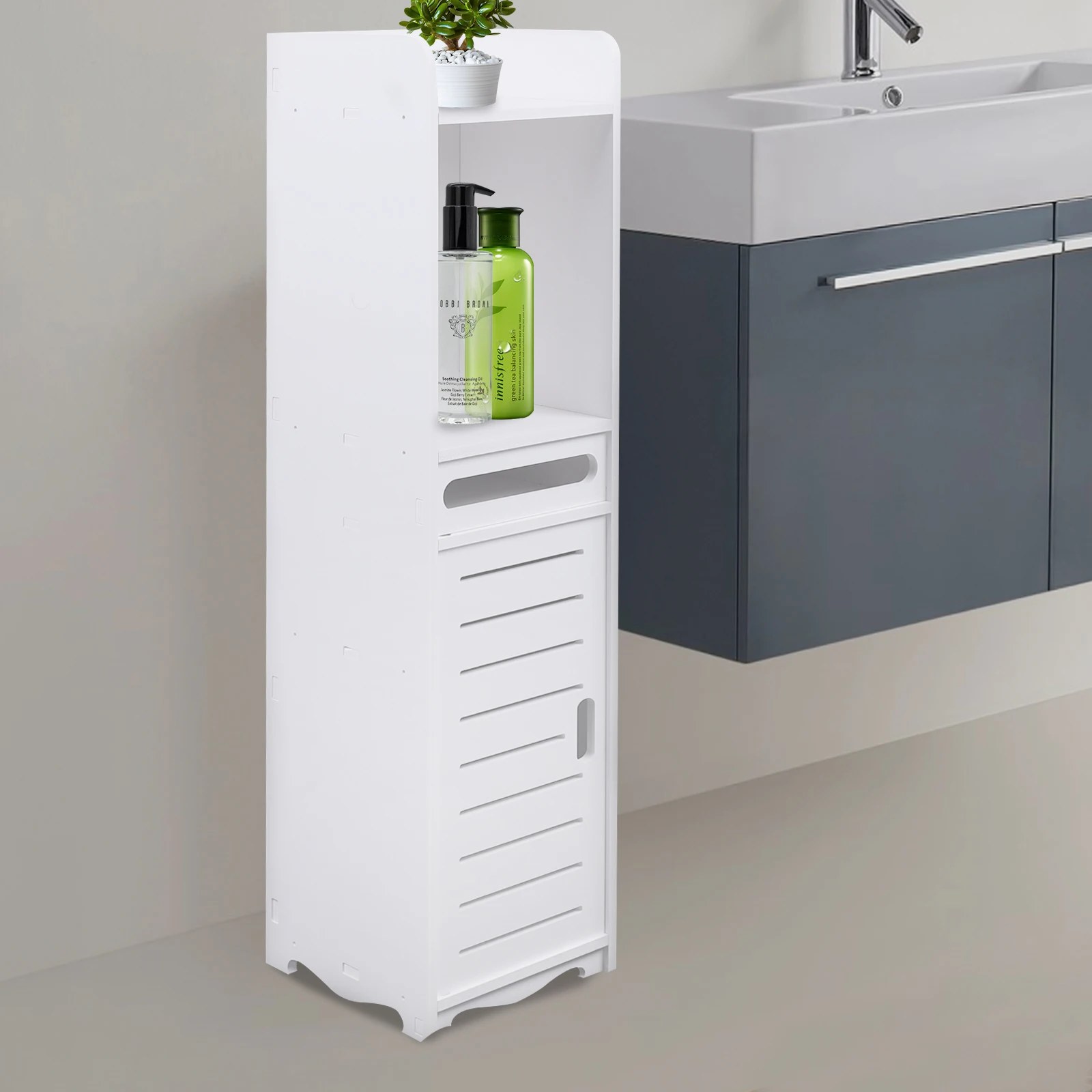 Modern Bathroom Storage Cabinet Wood Plastic Panel Freestanding Toilet High Narrow Shelf White 20x20x80cm