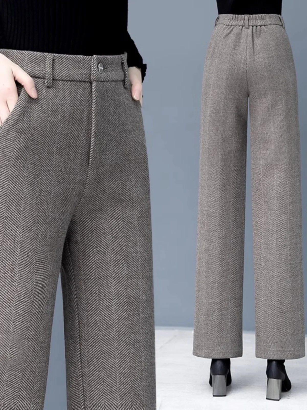 Thiened Fce High Waist Wide Leg Pants Korean Sle Commute Asymmetrical Women's Autumn Winter Casual Trousers