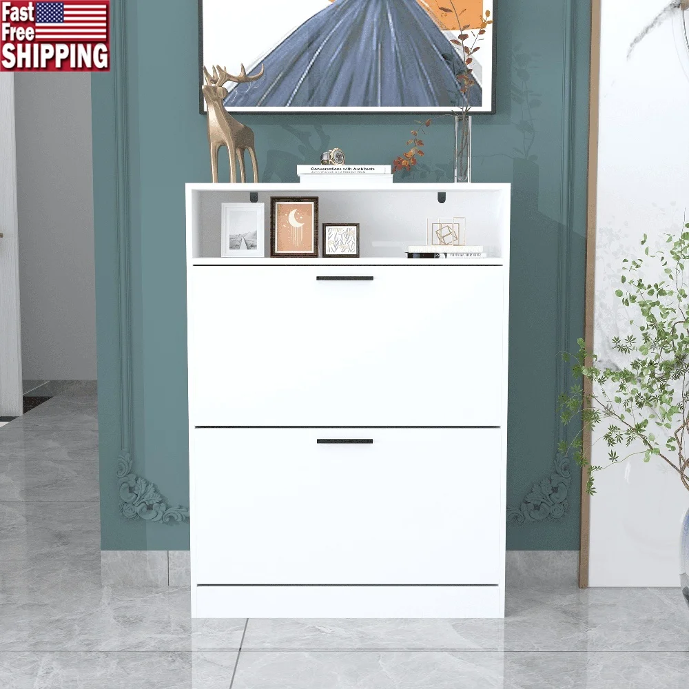 

Freestanding Slim Shoe Storage Cabinet with 2 Flip Drawers Modern MDF Organizer 16 Pairs in Hallway Entryway Bedroom