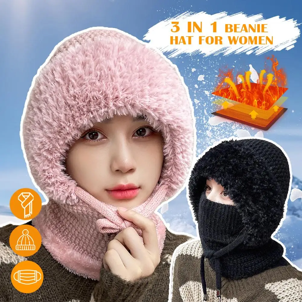 3 في 1 الشتاء بالاكلافا للنساء الشتاء قبعة الرقبة قطعة واحدة قبعة المرأة الصوف والصوف سميكة متماسكة قبعة دافئة الرقبة يندبروف 2025