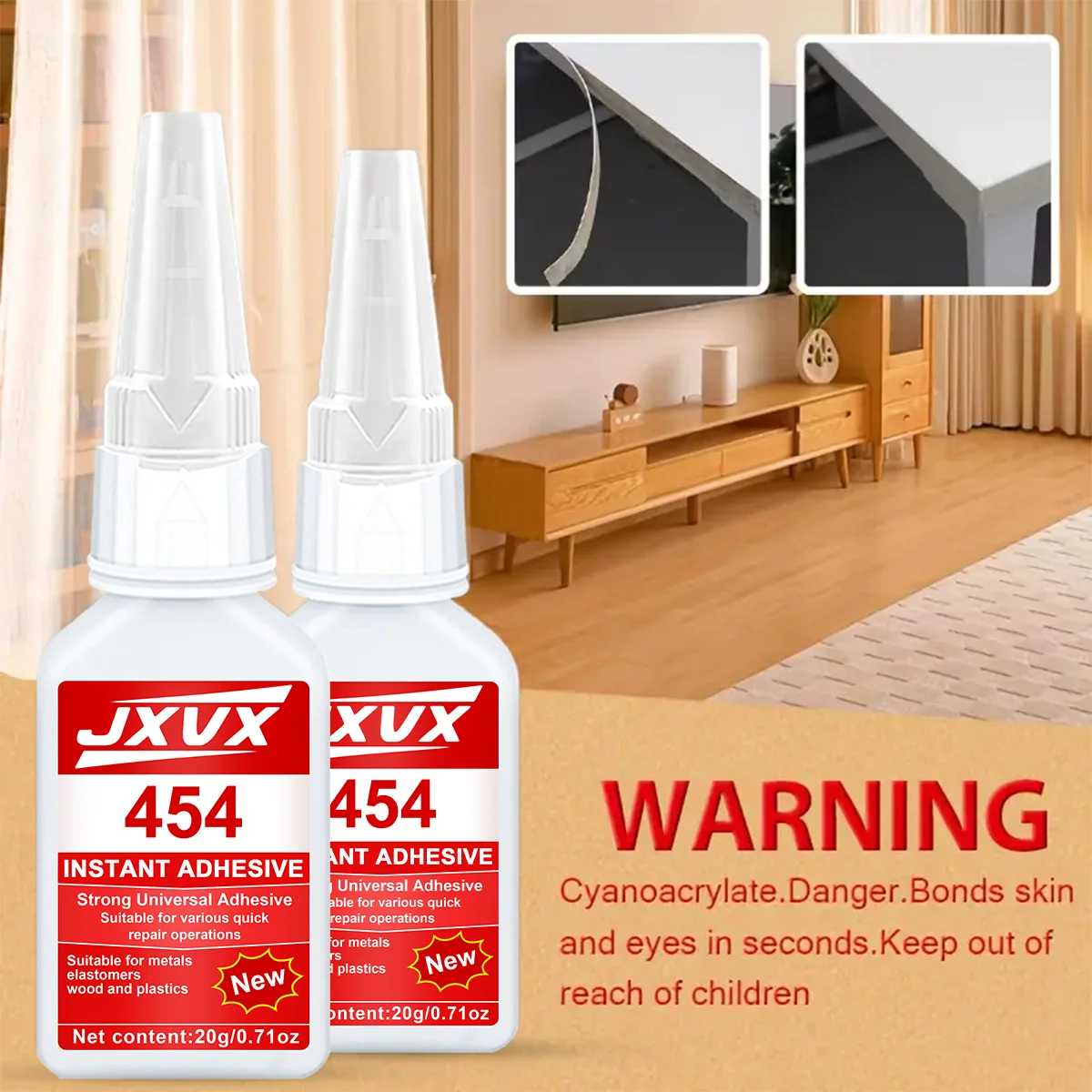 JXVX 454 Supercola, Supercola com nova fórmula, Baixo odor, Secagem rápida, Forte aderência, Antienvelhecimento, Adesivo transparente à prova d'água para reparos sem costura, Adesivo líquido incolor superforte