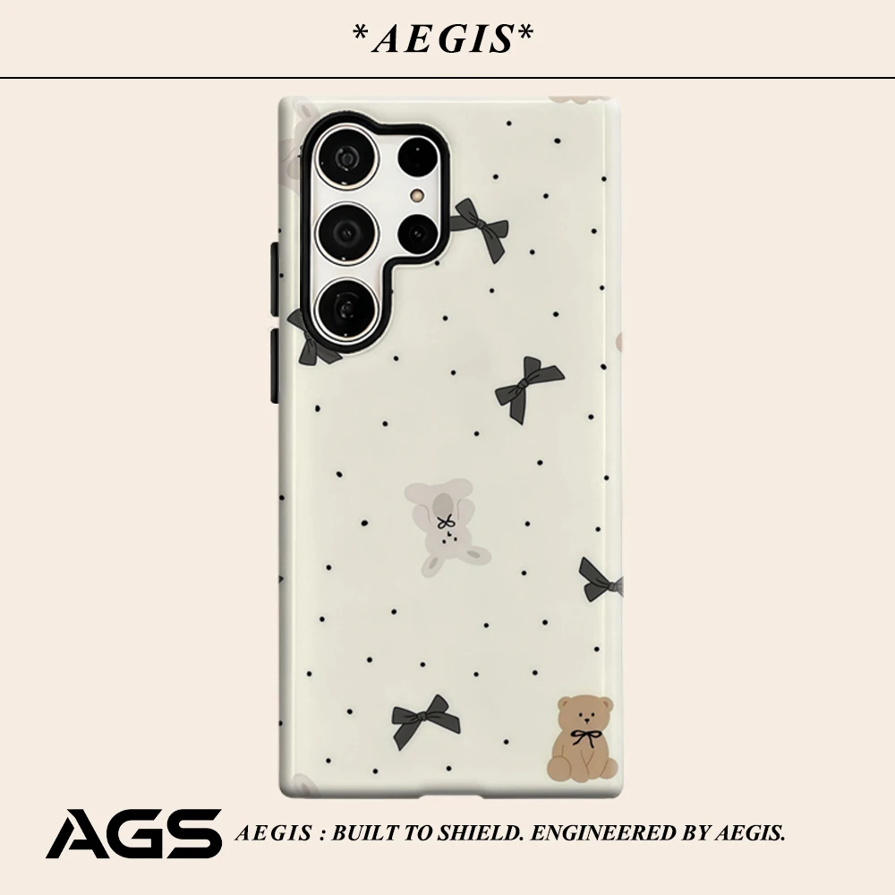 Beige Haustier- & Schleifen-Handyhülle für Samsung Galaxy S25 Ultra S24 S23 Ultra Plus Glänzende Doppelschicht-Rückabdeckung
