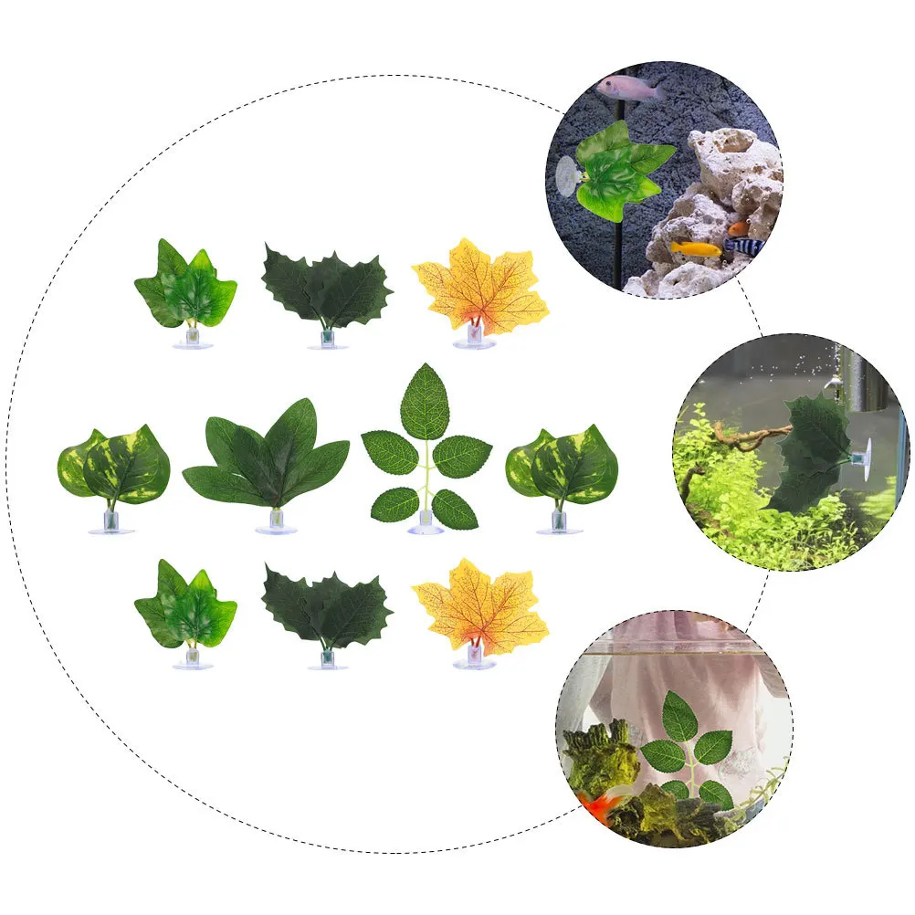 

10Pcs Artificial Aquarium Leaves Plastic Fish Tank Decoration Lifelike Simulation Landscape Leaves with Suction for Fish
