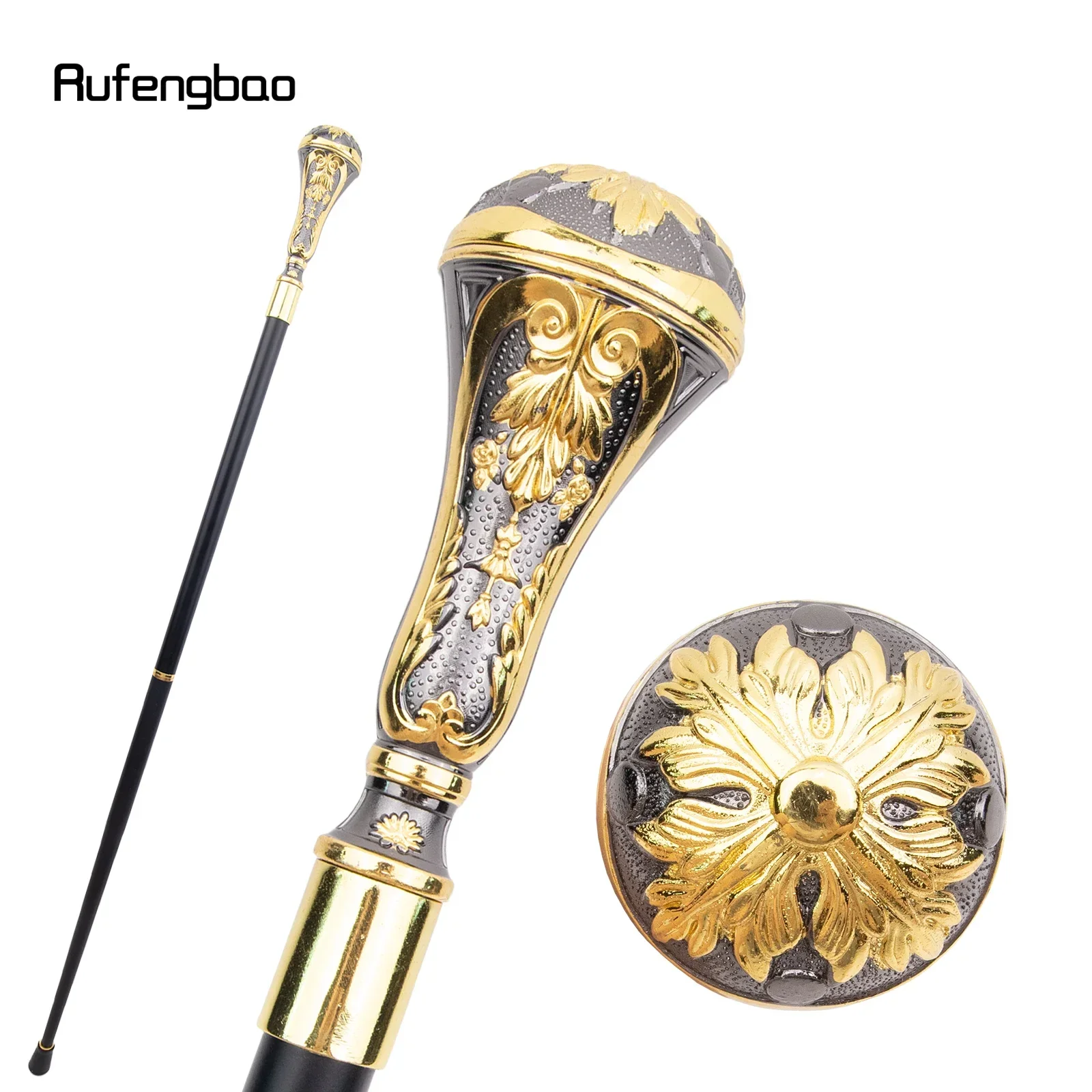 Golden Black Luxury Round Leaf Handle Fashion Walking Stick For Party Cane Elegant  Deluxe Box 95cm  Performance Stage Cane